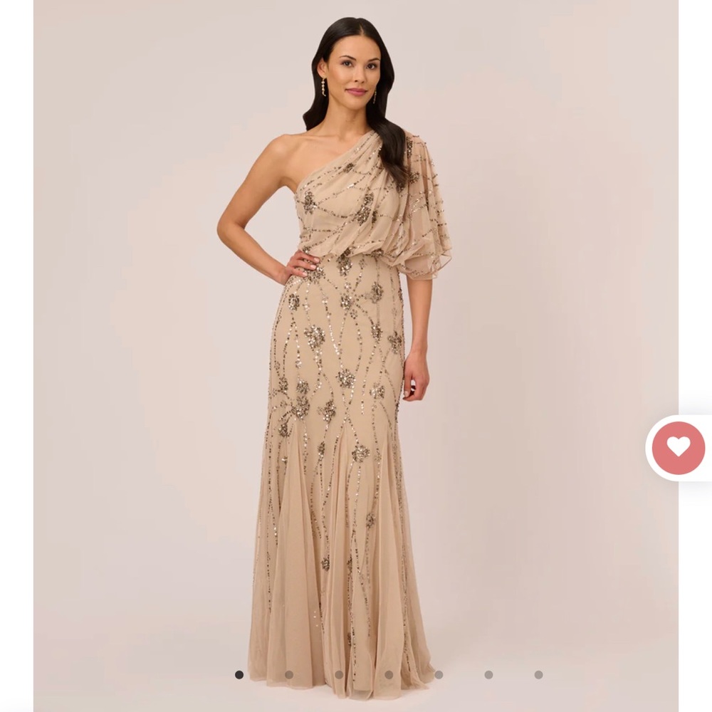 Adrianna Papel  ONE SHOULDER BEADED GOWN IN NUDE